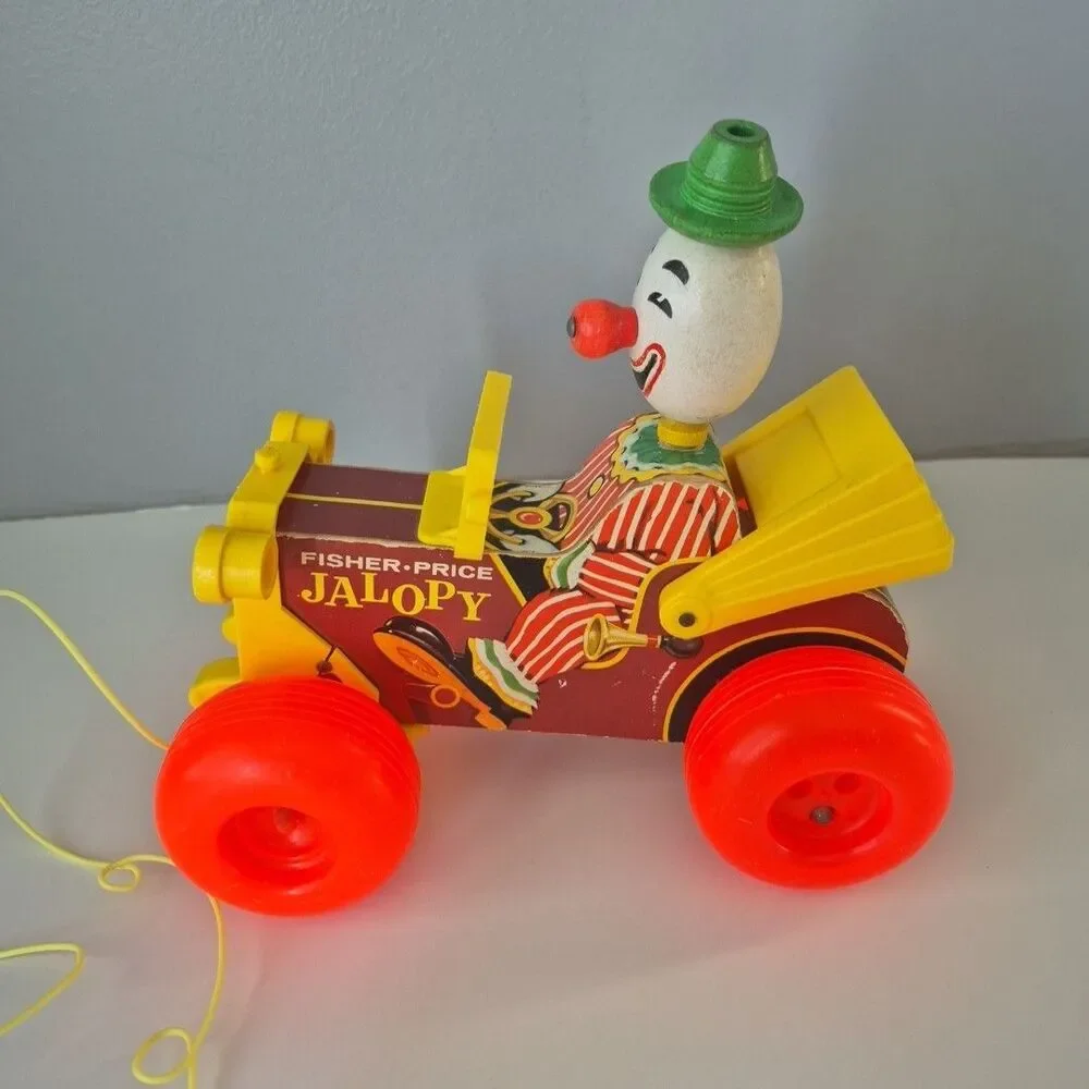 Fisher Price Vintage 1965 Wooden Jolly Jalopy the Clown Pull Toy Model 724